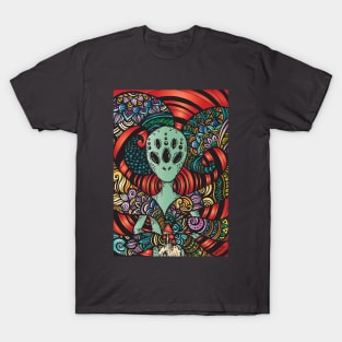 Colorful Alien with Zentangle Drawing T-Shirt